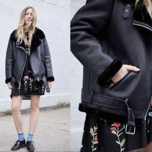 Zara faux leather shearling black moto jacket, M